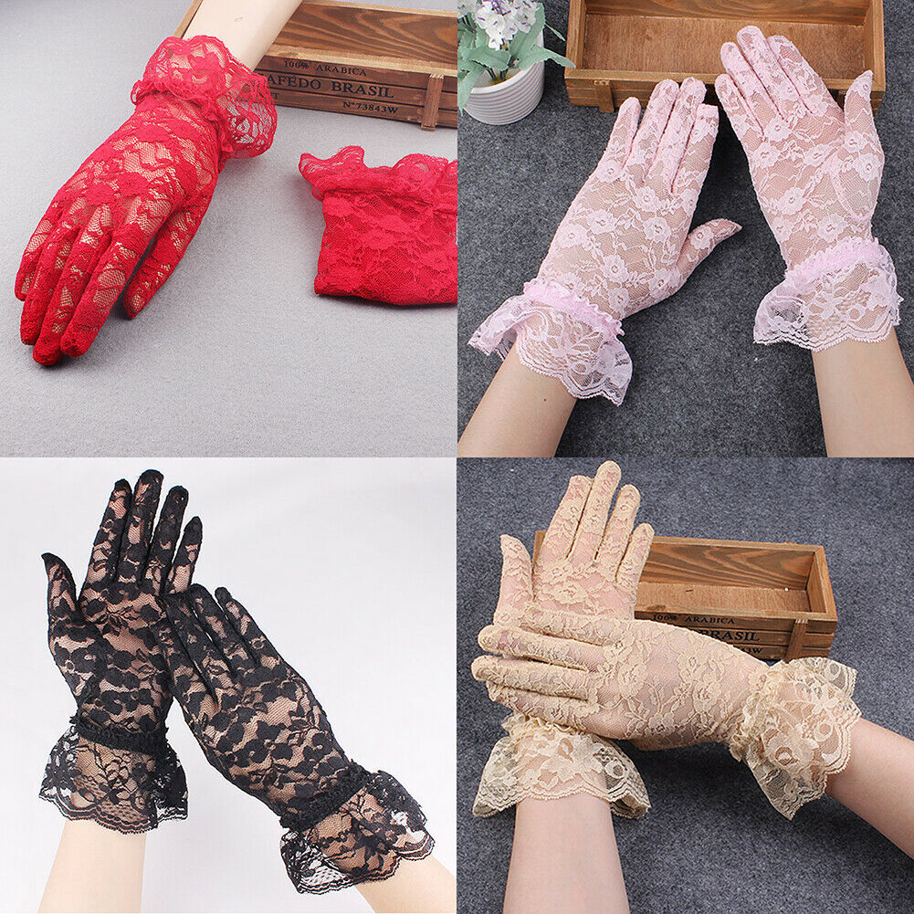 Us 1-2 Pairs Sexy Lace Wrist Length Gloves W/ Ruffle Bride Wedding Prom Anti Uv