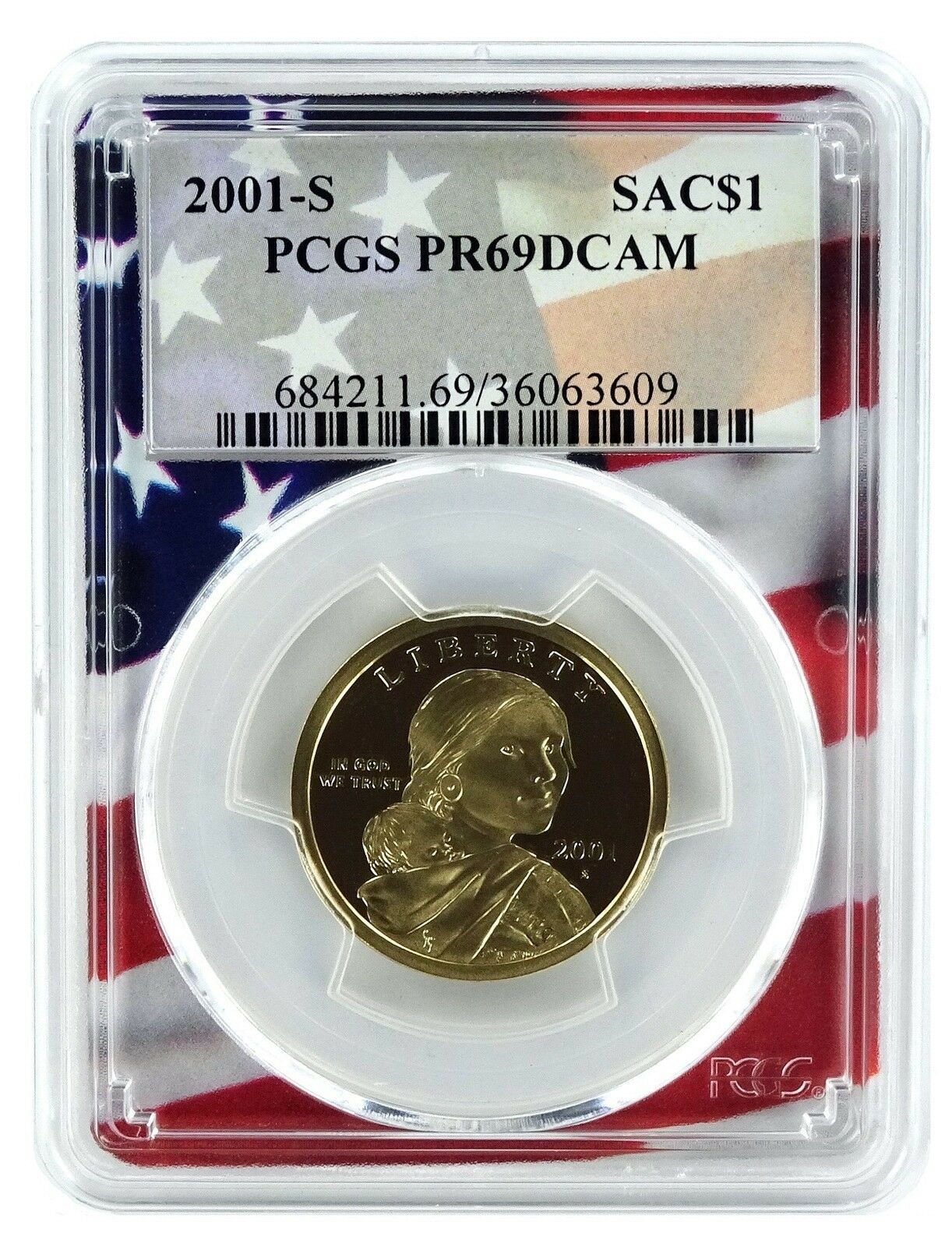 2001 S Sacagawea Dollar Pcgs Pr69 Dcam Flag Picture Frame