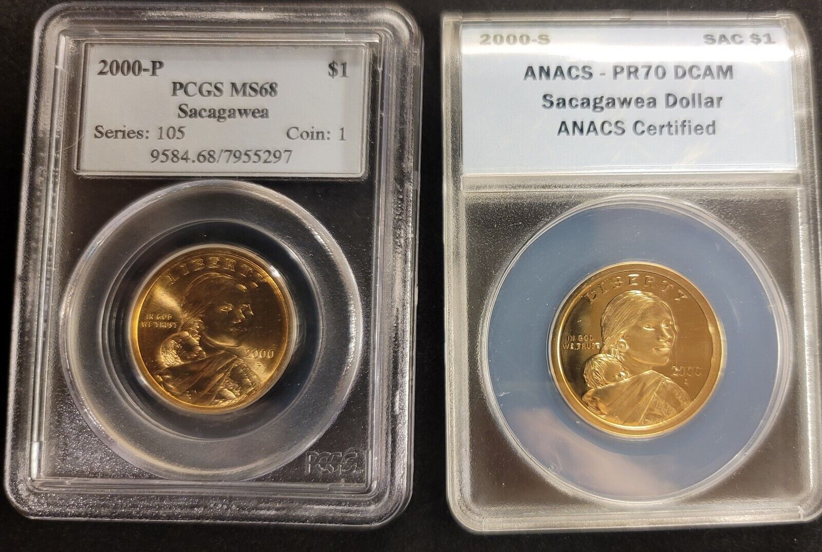 Sacagawea Cert. Dollar Set: One Pcgs 2000-p Ms68 & One Anacs 2000-s Pr70 Dcam
