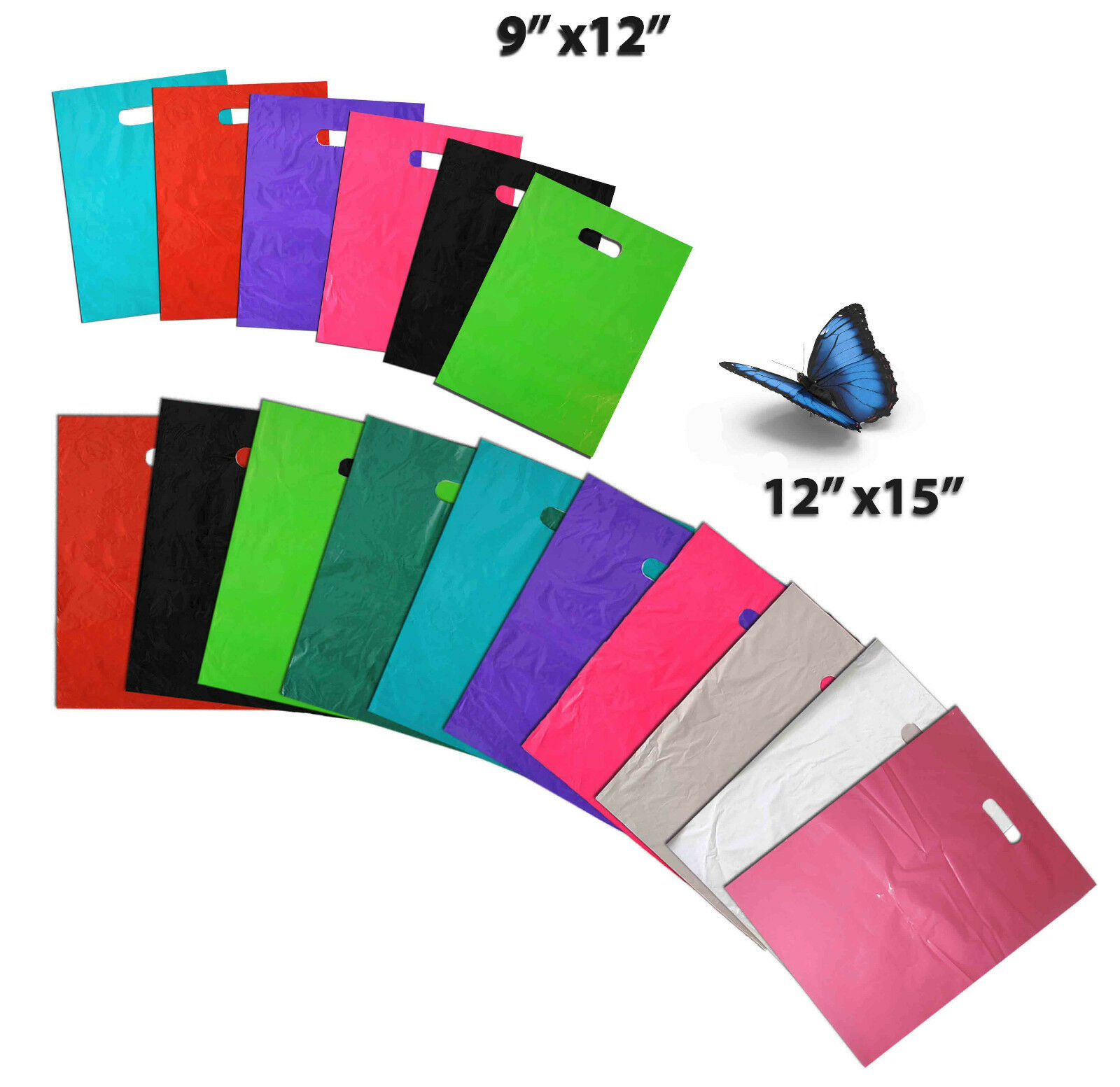 9" X12" & 12" X15" Colored Plastic Merchandise Store Bags, Retail Product Bags