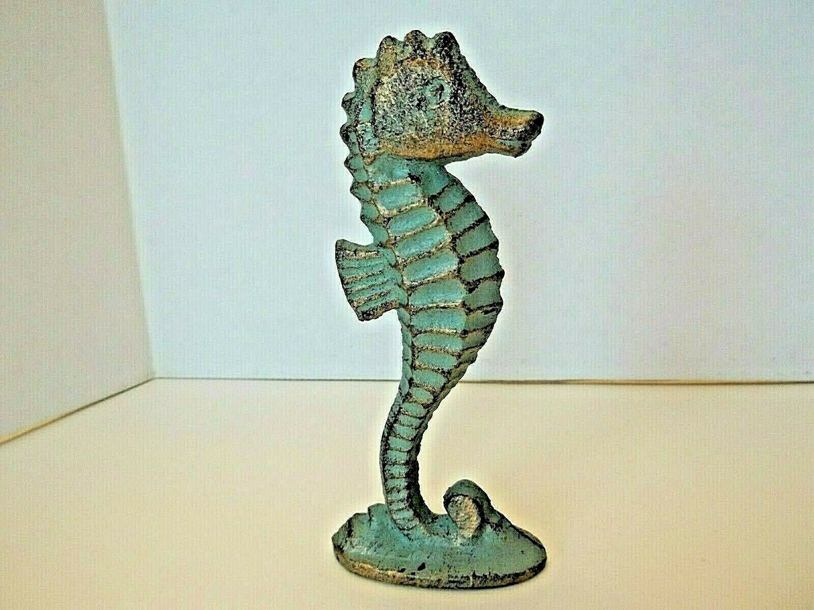 Cast Iron Seahorse Figurine, Nautical Decor, Brass In Color W / Vintage Patina