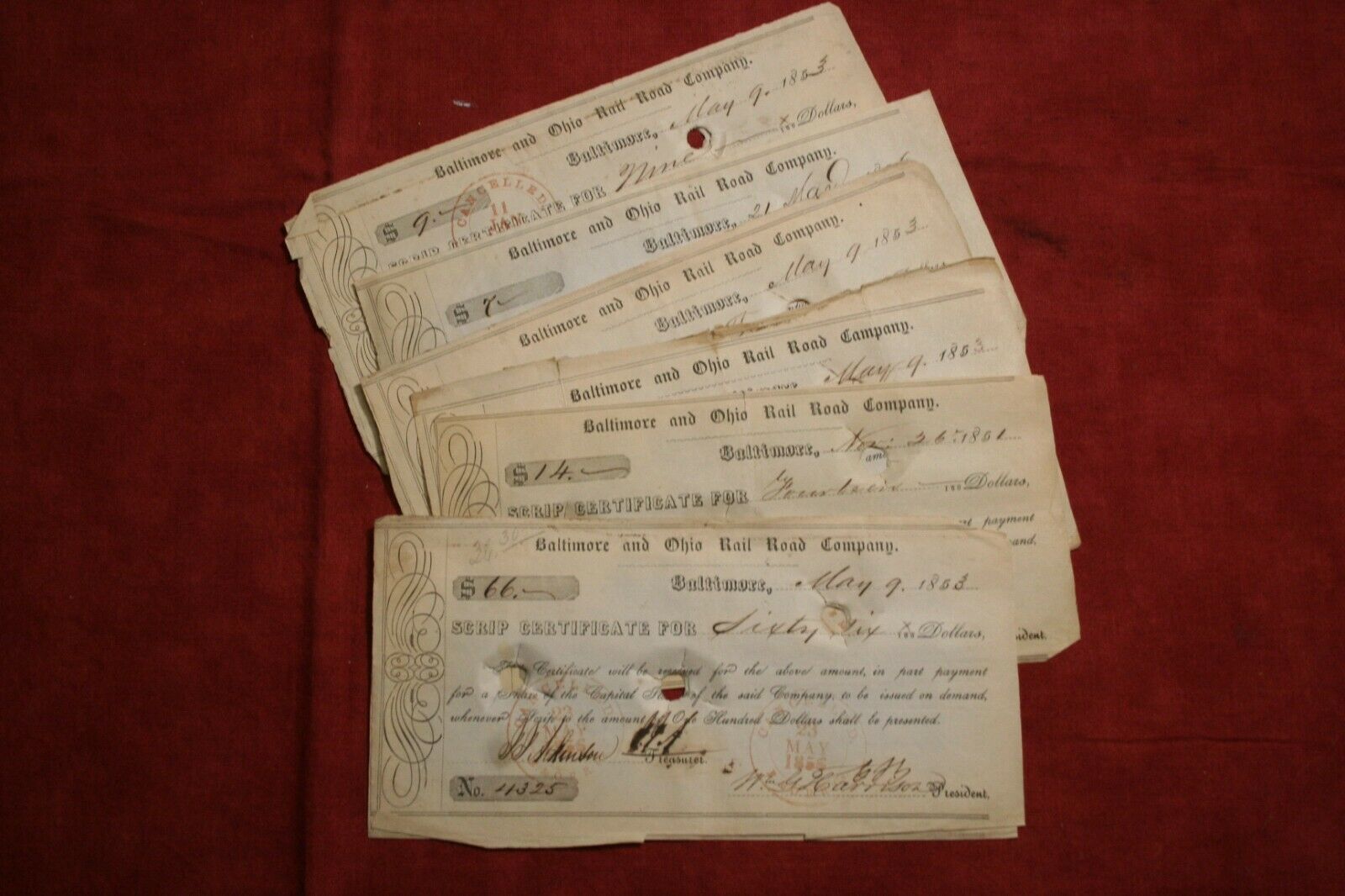 Baltimore And Ohio Railroad Script Certificate, Lot Of 10