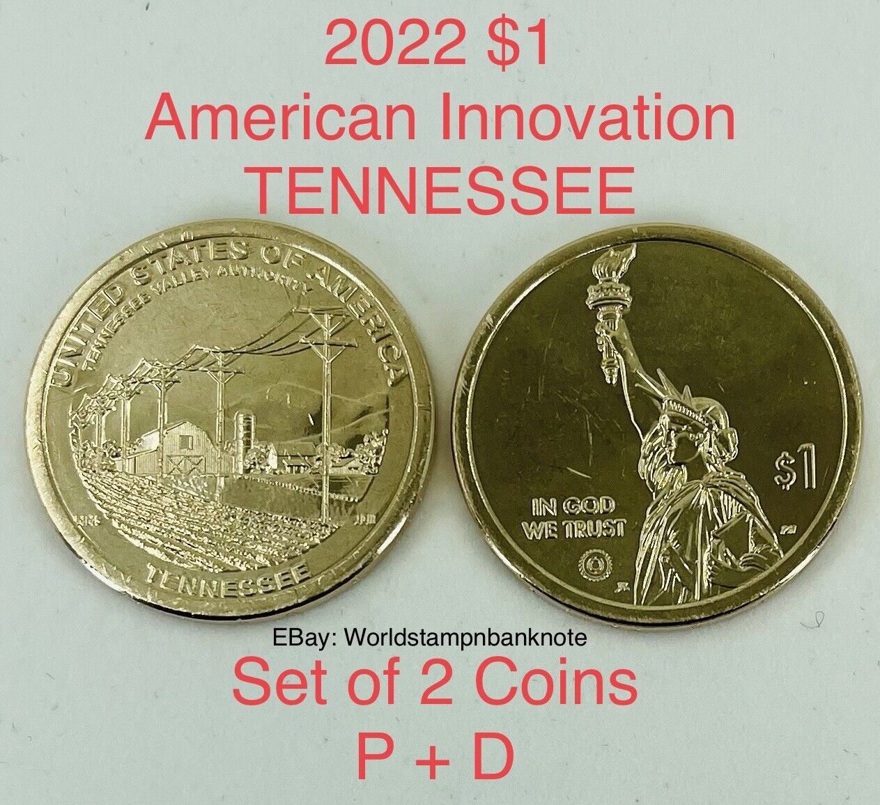 2022 Set Of 2 Coins P+d $1 Coin American Innovation Tennessee Uncirculated.#c413