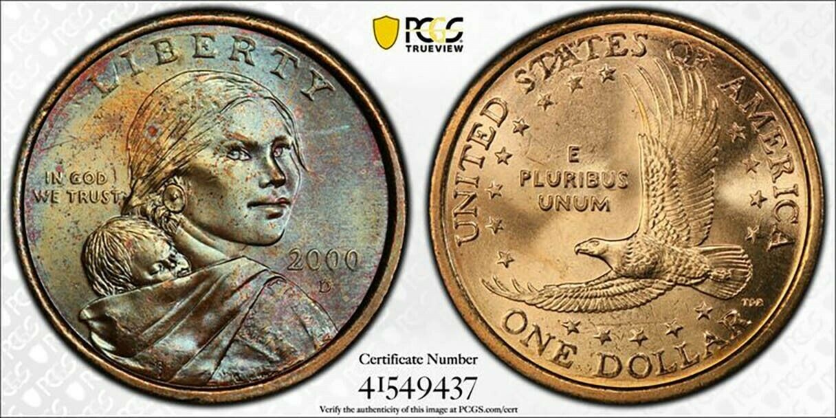 2000 D Pcgs Ms66 Gem Colorful Toned Sacagawea Dollar With A Trueview (ap2496)
