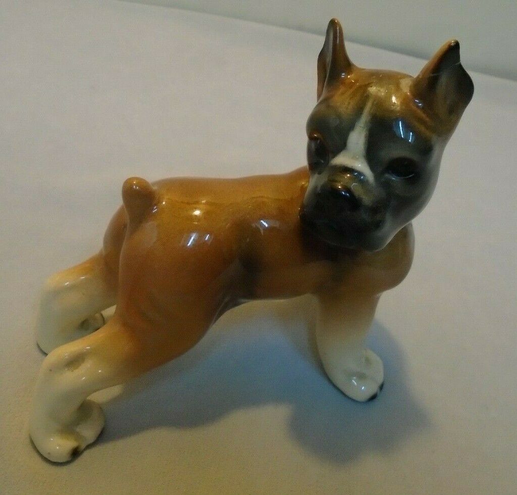 Boxer Puppy Figurine Brown White. Around 5.5" Across 4.75" Tall, Germany Vintage