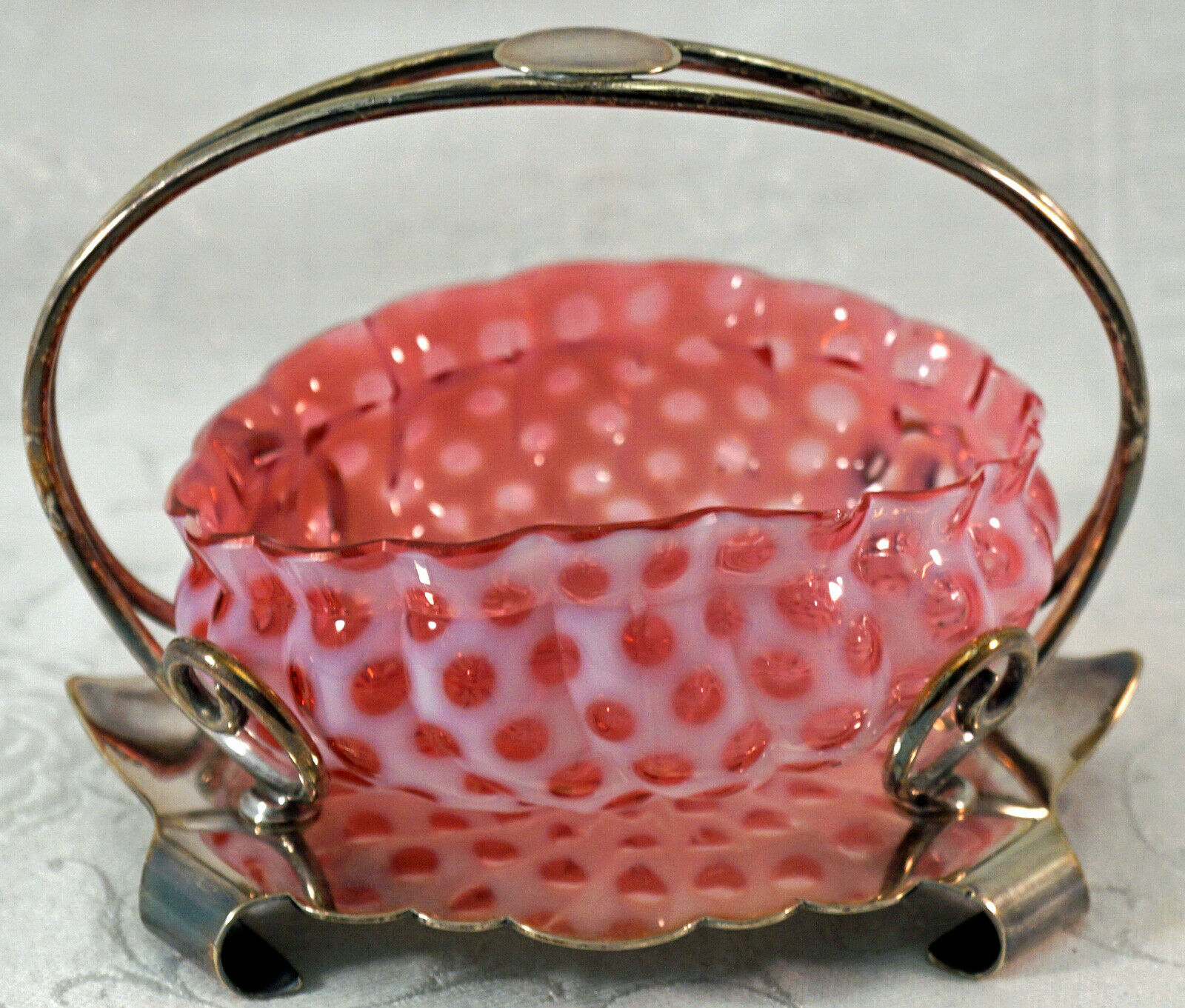 Antique Opalescent Unique Shape Cranberry Glass Bowl Silverplate Holder