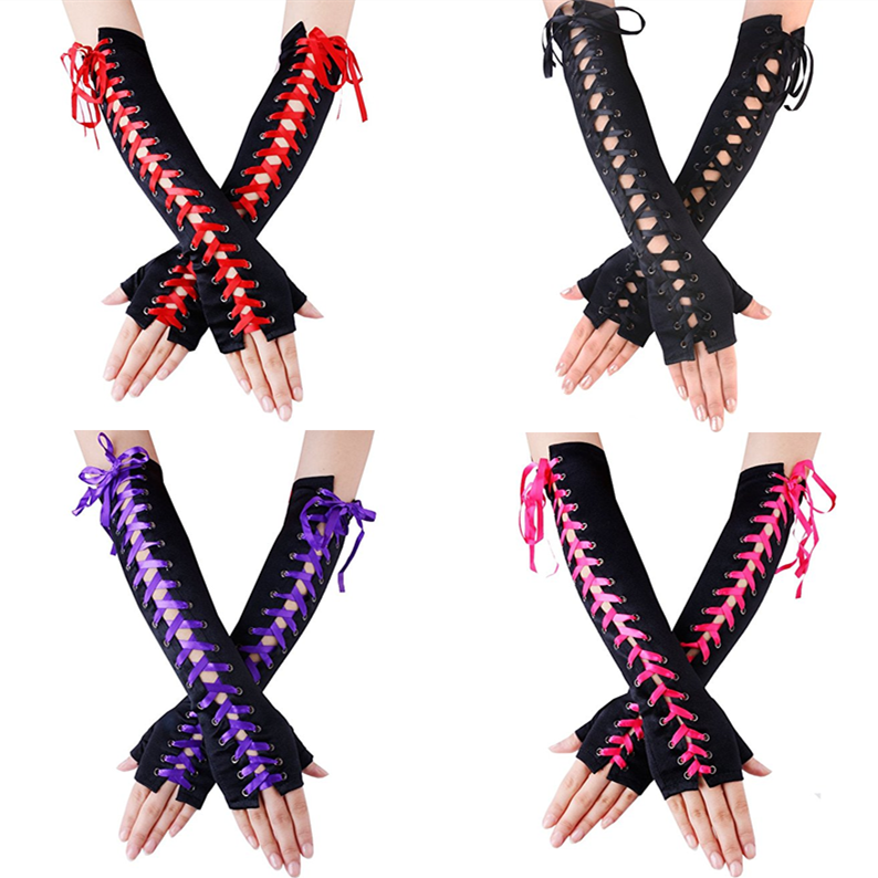 Women's Sexy Elbow Length Fingerless Lace Up Arm Warmer Long Lace Punk Gloves